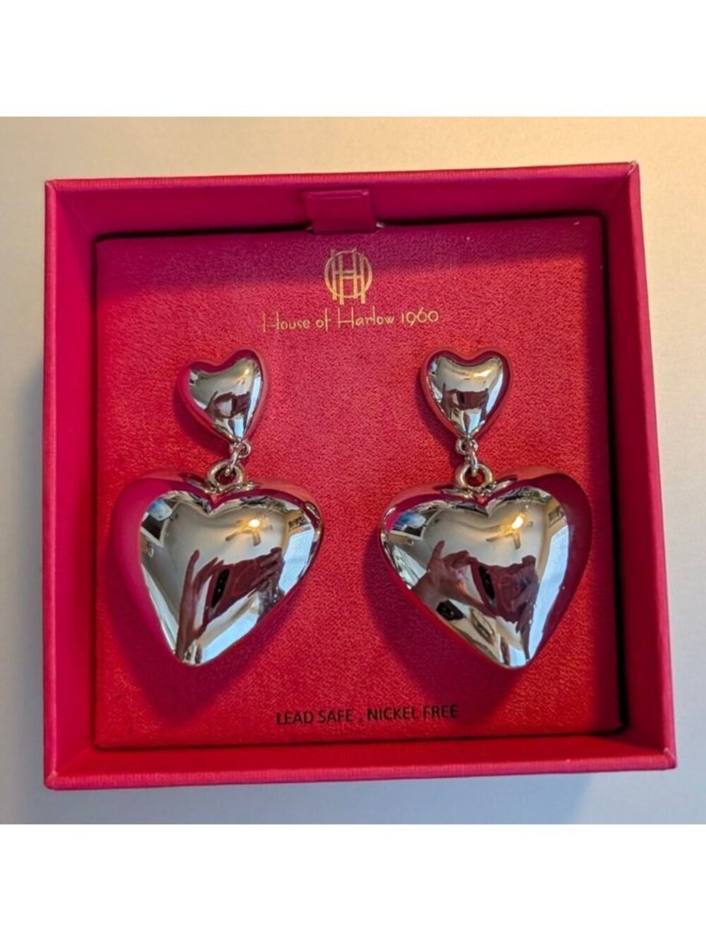 House Of Harlow 1960 Silver Heart Drop Earrings In Gift Box
